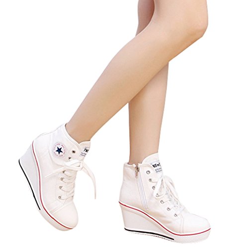 Women's Sneaker High-Heeled Fashion Canvas Shoes High Pump Lace UP Wedges Side Zipper Shoes (8.5 US, White)