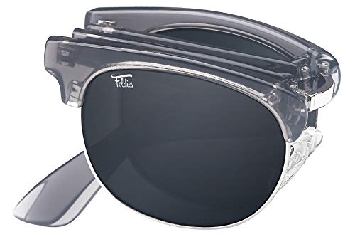 Clear Gray Folding Browline Sunglasses with Polarized Black Lenses