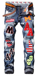Men's Casual Straight Slim Paint Printed Jeans with Patches, Blue896, 30