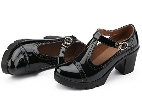 Women's Classic T-Strap Platform Mid-Heel Square Toe Oxfords Dress Shoes Black US Size