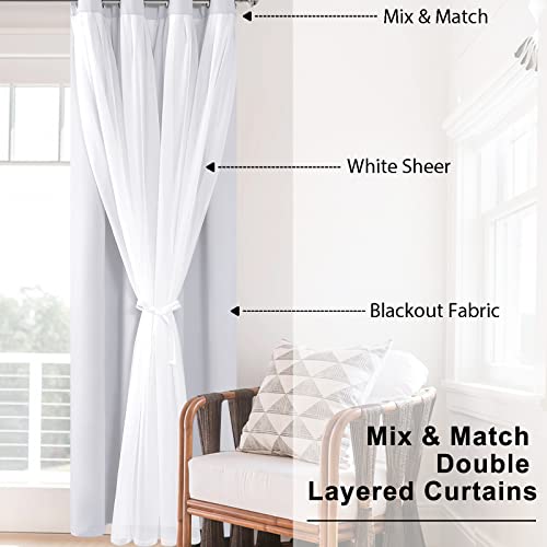 Greyish White Blackout Curtains with Sheer Overlay, Grommet Thermal Insulated