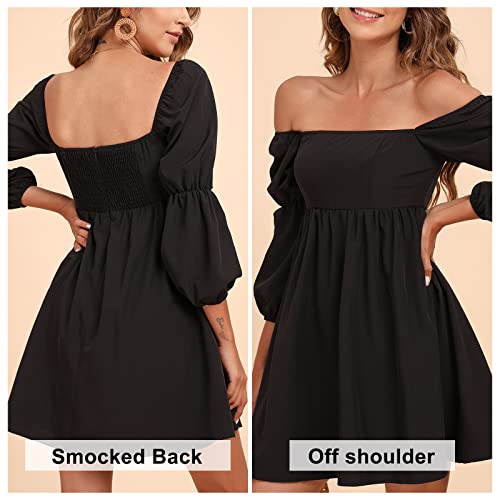 Womens Square Neck Dress Long Puff Sleeve A-Line Casual Short Mini Dress