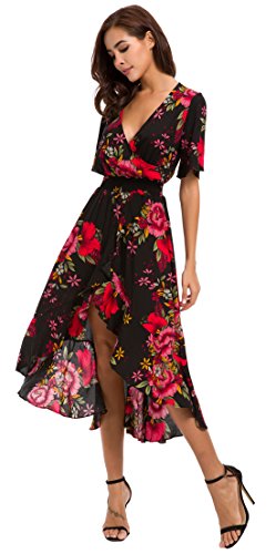 Womens Short Sleeve Floral High Low V-Neck Flowy Party Long Maxi Dress