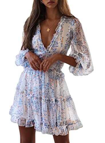 Womens Sun Casual V Neckline Long Sleeve Open Back Floral Print Mini Dress