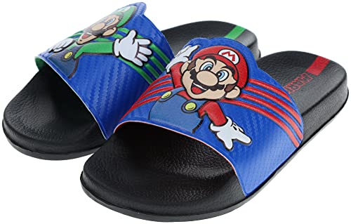 SUPER MARIO Boys' Sport Slide Sandal, Mario & Luigi Mismatch Sandals, Black/Blue, Size 12/13