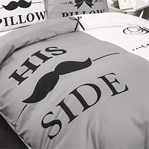 His Side and Her Side Duvet Cover Set Couple Gray and White Bedding Set with 2 Pillowcases