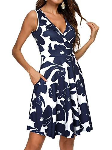 Womens Navy Dress Deep V Neck Wrap Floral Sleeveless Summer Midi Sundress