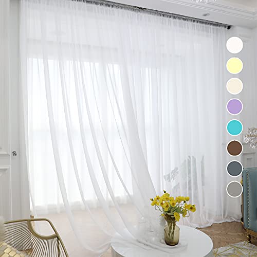 White Sheer Curtains 84 Inches Long 2 Panels,Rod Pocket Semi Sheer Window Curtains