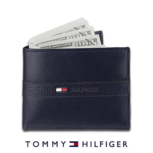Tommy Hilfiger Men's Leather Wallet – Slim Bifold with 6 Credit Card Pockets and Removable Id Window, Navy, One Size