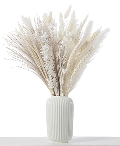 Natural Dried Pampas Grass - 85 Stems Dried Flowers Arrangements – Includes 17 Inch White Pompous Grass, Bunny Tails, Natural Reed Grass – Boho Home Decor Ideal for Wedding Decoration