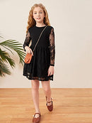 Girl's Floral Lace Panel Long Mesh Sleeve Round Neck Keyhole Back Formal Flared A Line
