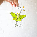 Green Luna Moth Butterfly Handmade Stained Glass Suncatcher