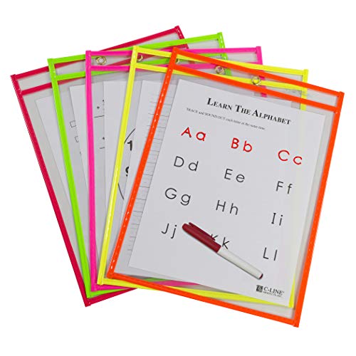C-Line Reusable Dry Erase Pockets, 9 x 12 Inches, Assorted Neon Colors