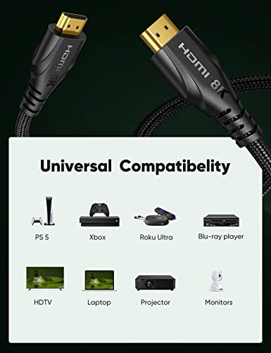 8K HDMI Cable 25FT/7.5M, Long HDMI 2.1 Cable Ultra High Speed Braided 48Gbps, 8K60Hz 4K120Hz 144Hz HDMI Cord eARC HDR,Compatible with Samsung Fire Roku Apple TV 4K