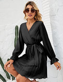 Little Black Dresses for Wedding Guest Lantern Sleeve Wrap V Neck Dress Pleated