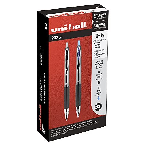 Retractable Gel Pens - Medium Point - 6 Black with 6 Blue Ink Pens (Total of 12 Pens)