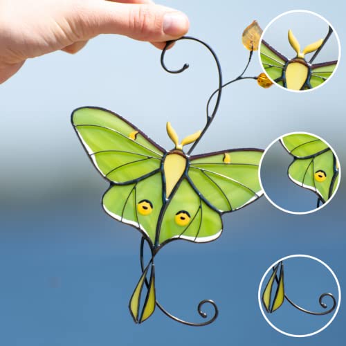 Green Luna Moth Butterfly Handmade Stained Glass Suncatcher