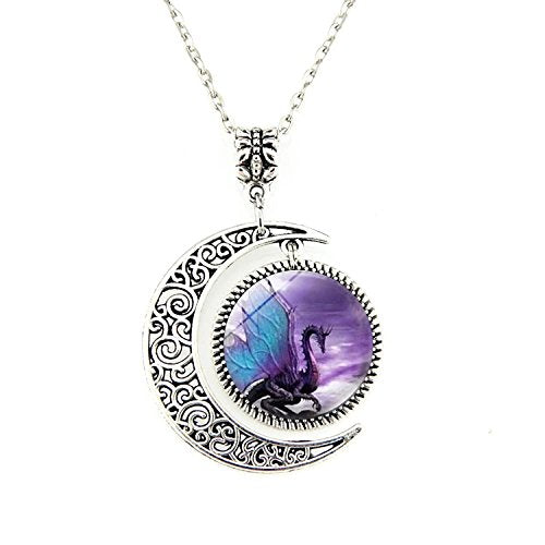 Crimyy Blue Wing Dragon Moon Necklace Dragon Pendant Necklace