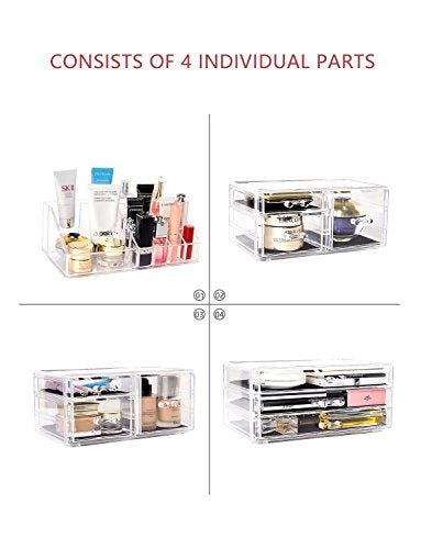 Makeup Organizer 4 Pieces Acrylic Makeup Storage Organizer Box with 9 Drawers