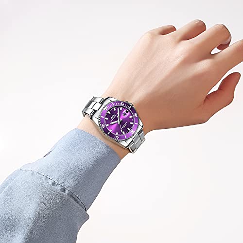 Womens Watches Purple Stainless Steel Waterproof Date Analog Quartz Watch