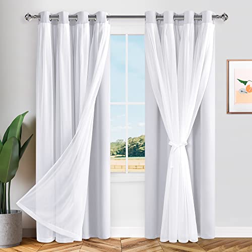 Greyish White Blackout Curtains with Sheer Overlay, Grommet Thermal Insulated