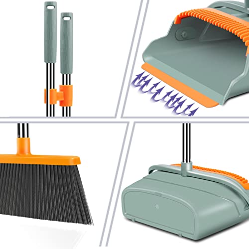 Broom and Dustpan Set for Home, Stand Up Broom and Dustpan (Green&Orange)