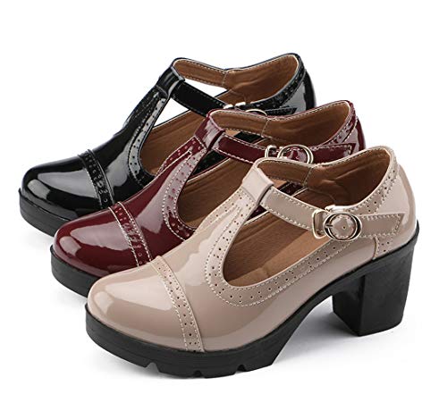 Women's Classic T-Strap Platform Mid-Heel Square Toe Oxfords Dress Shoes Black US Size