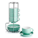 Porcelain Stackable Espresso Cups with Saucers and Metal Stand - 4 Ounce - Set of 4