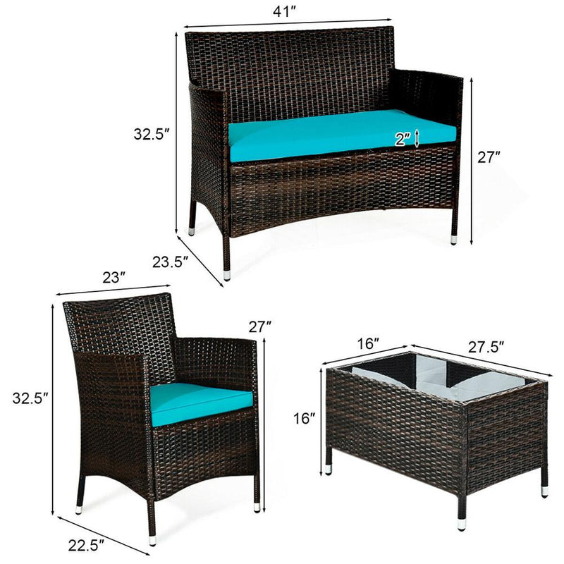 4PCS Rattan Patio Furniture Set Cushioned Sofa Chair Coffee TableTurquoise HW63214TU