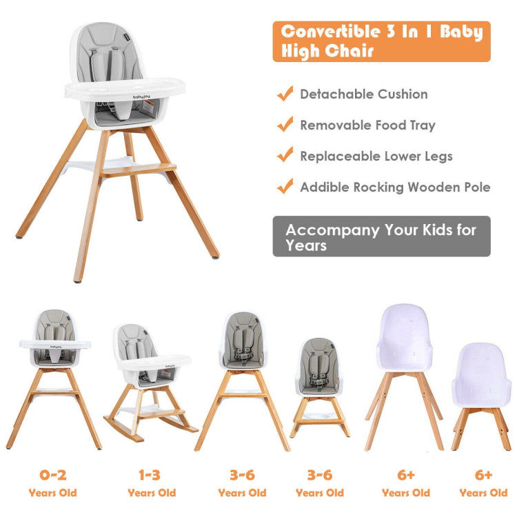 3-in-1 Convertible Wooden Baby High Chair (Gray)