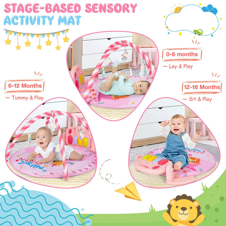 Baby Activity Play Mat with 5 Hanging Sensory Toys (Pink)