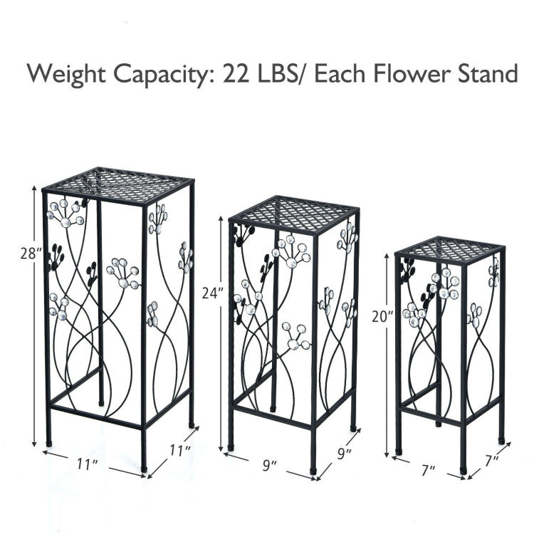 3 Pieces Metal Plant Stand Set with Crystal Floral Accents Square