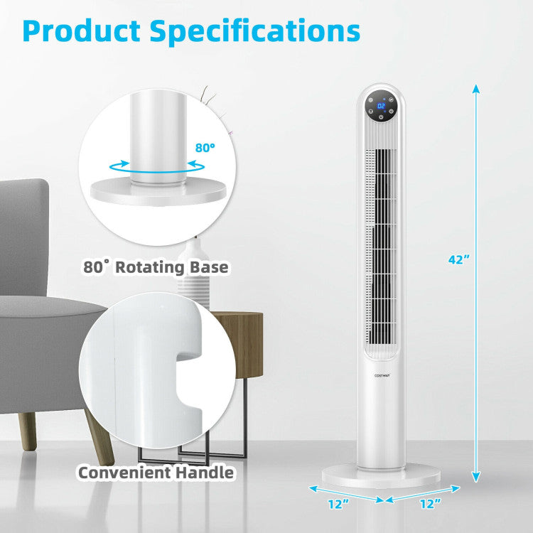 42 Inch 80 Degree Tower Fan with Smart Display Panel and Remote Control - White