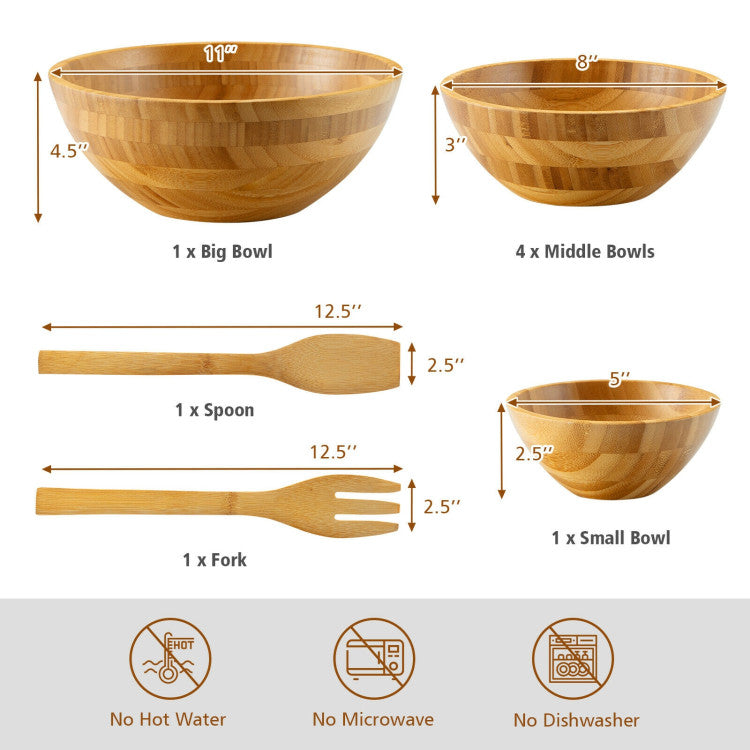 8 Pieces Bamboo Salad Bowl Set with Server Utensils