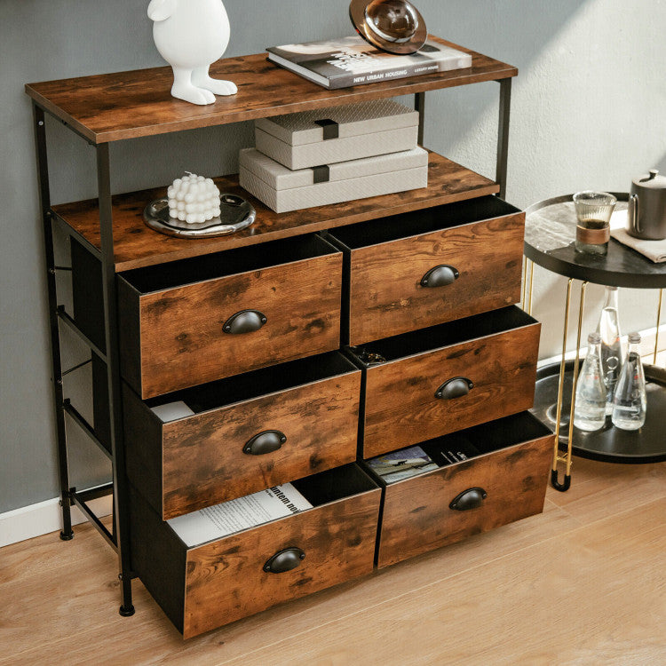 2-Tier Storage Chest with Wooden Top and 6 Fabric Drawers (Rustic Brown)