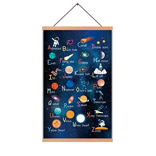 Outer Space Art Print With Wood Magnetic Poster Hanger Frame, Alphabet Decor