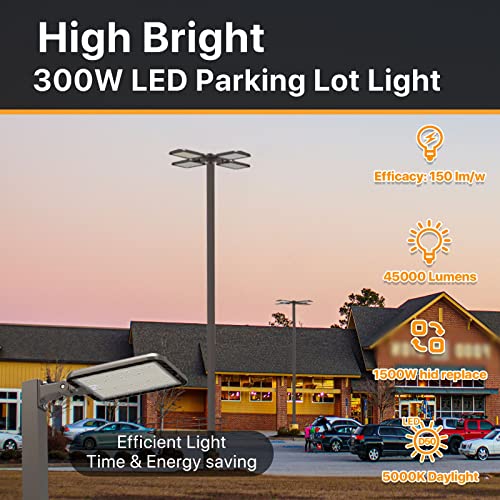 300W Led Parking Lot Light, Adjustable Arm Mount Shoebox Lights 45000lm Quick Install