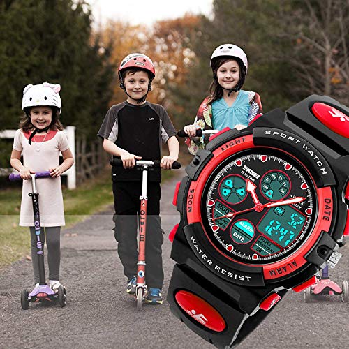 Kids Digital Watch Age 5-15, Red Watches for Girls Boys, Sports Waterproof Watches