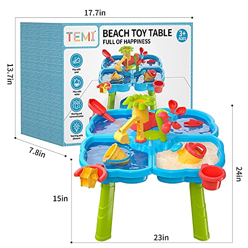 TEMI 4-in-1 Sand Water Table, 32PCS Sandbox Table with Beach Sand Water Toy