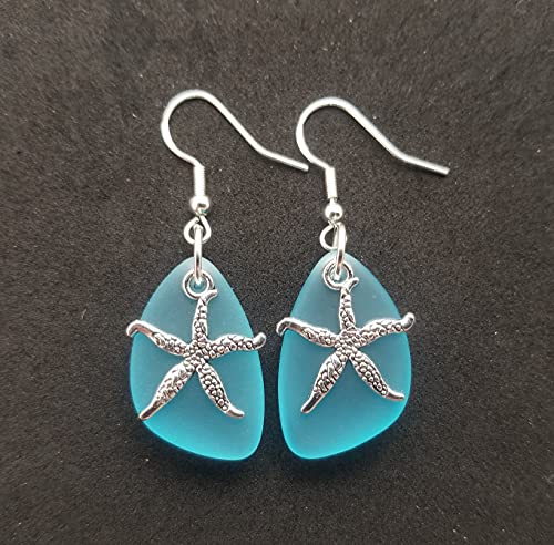 Handmade in Hawaii, "Twin Starfish" Turquoise Bay Blue sea glass earrings