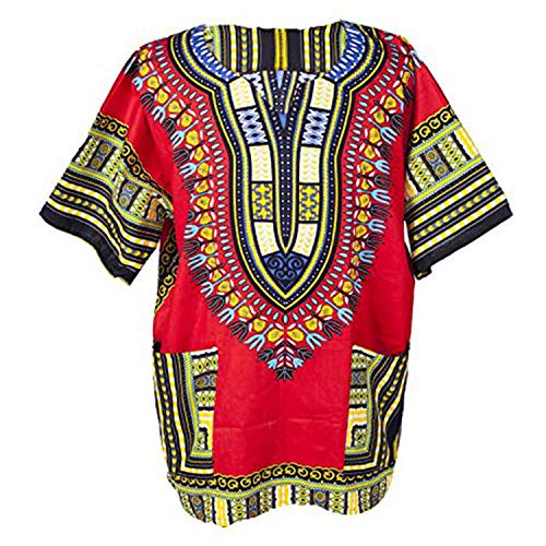 African Dashiki Shirts For Men Women Hippie T Shirt Festival Clothing Print Boho Top 70s Tribal Africa Clothes Red X-Small