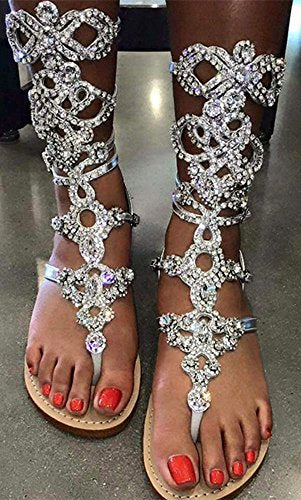 Women's Rhinestone Sandals Silver Gladiator Sandals Summer Flat Dress Sandals