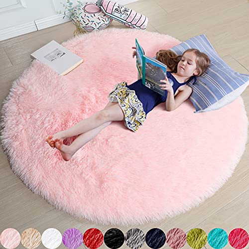 Pink Round Rug for Girls Bedroom,Fluffy Circle Rug 4'X4' ,Furry Carpet