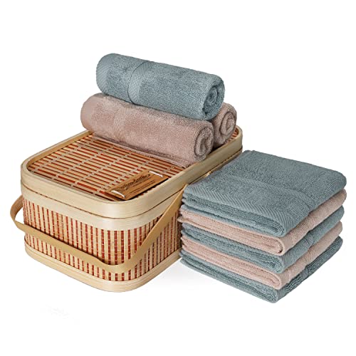 Hand Towels for Bathroom, Fingertip Towels Set in Bamboo Basket - 11x18 inches