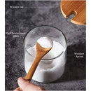 Condiment Container Seasoning Box Set Glass Condiment Canisters Pots with Wooden Spoon Lid and Base