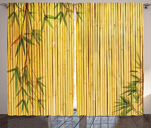 Bamboo Print Curtains, Yellow Colored Woodland Background Tree Branches 2 Panel Set, 108" X 84", Green