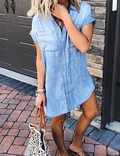 Women Denim Shirt Dresses Short Sleeve Distressed Jean Dress