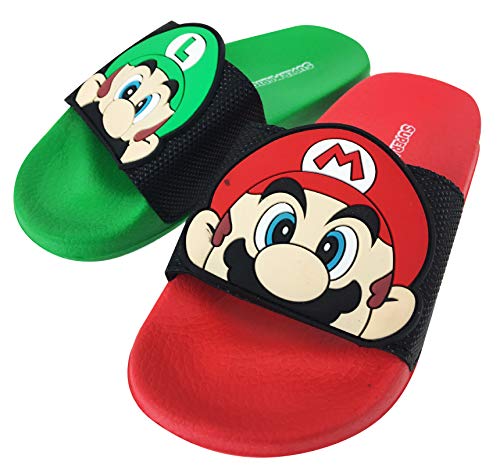 SUPER MARIO Nintendo Sandals, Mario and Luigi Mismatch Slide Sandal,Boys size 1 to 2 (1-2)