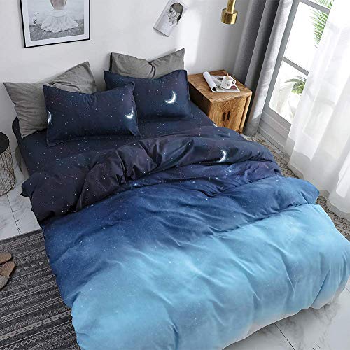 Blue Duvet Cover Twin Size, Star Moon Printed Aesthetic Duvet Cover Set