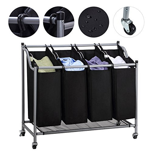 Laundry Sorter Cart 4-Bag Classics Rolling Laundry Hamper Black